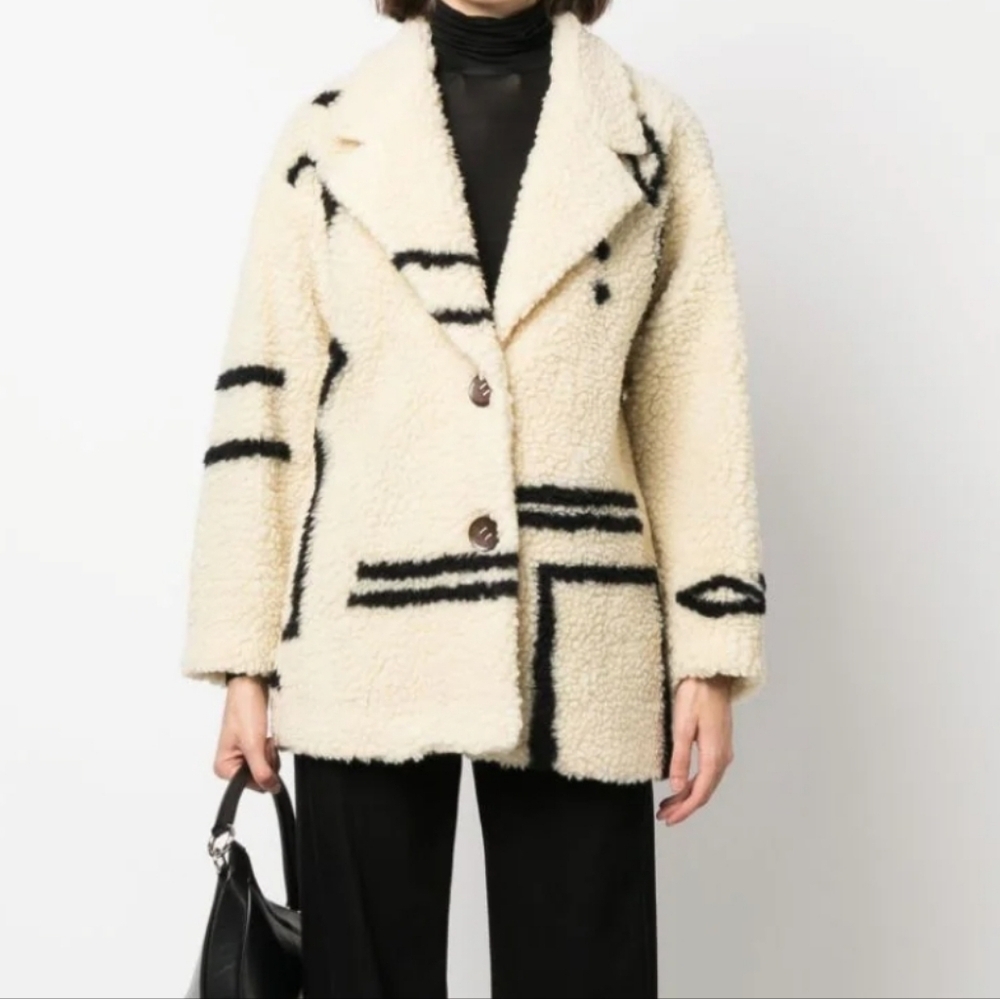 Alysi CABAN abstract print faux fur 2 button jacket sz 6 Oversized